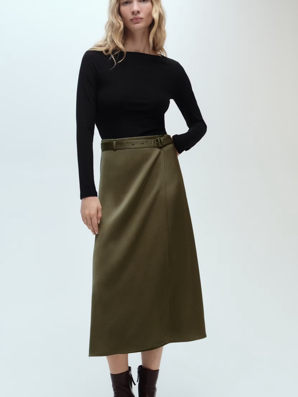 Mango Olive Green Maxi Wrap Skirt with Belt